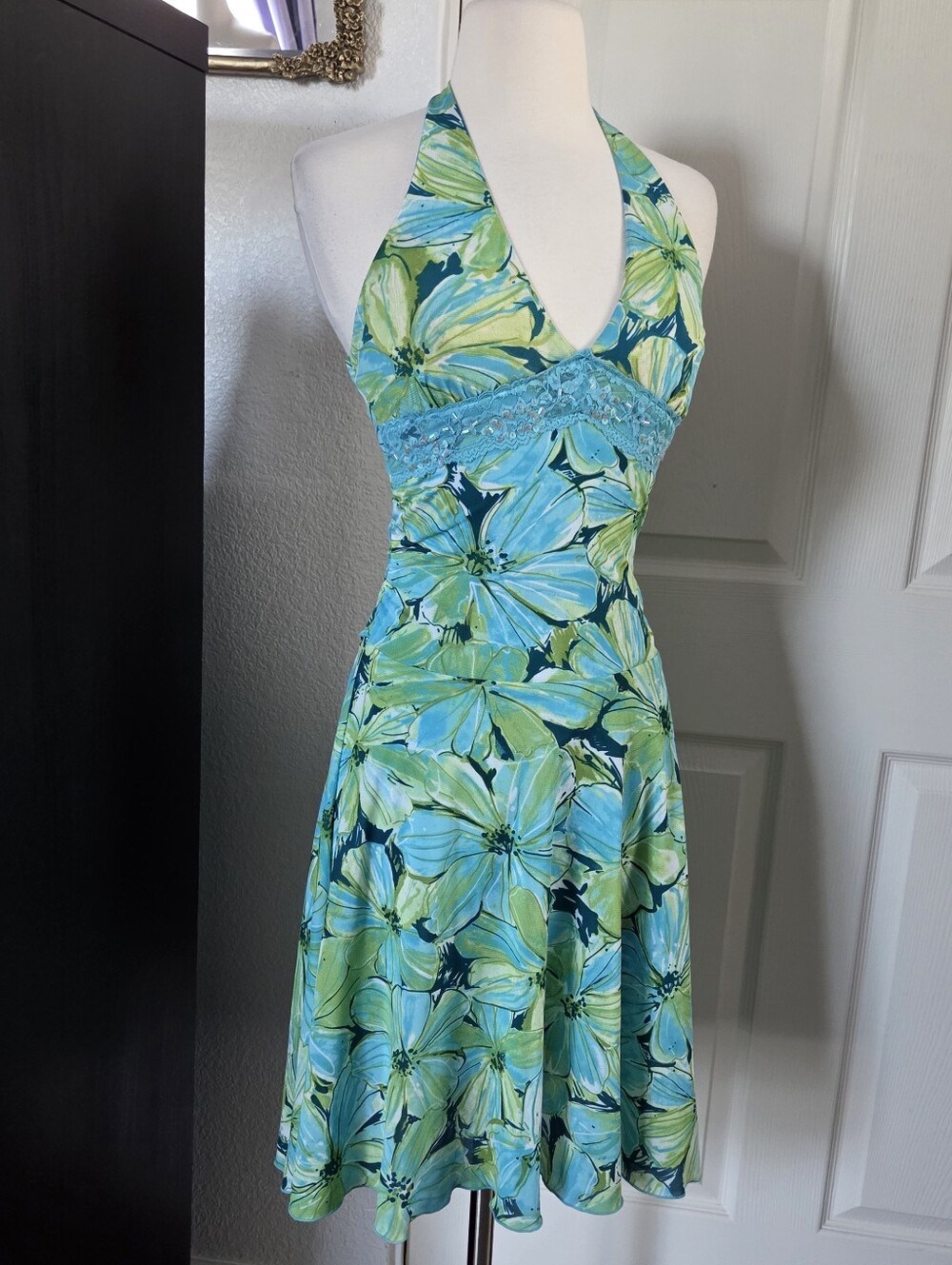 Y2k Halter Dress Blue Green Sequin Fitted Fairycore Vintage